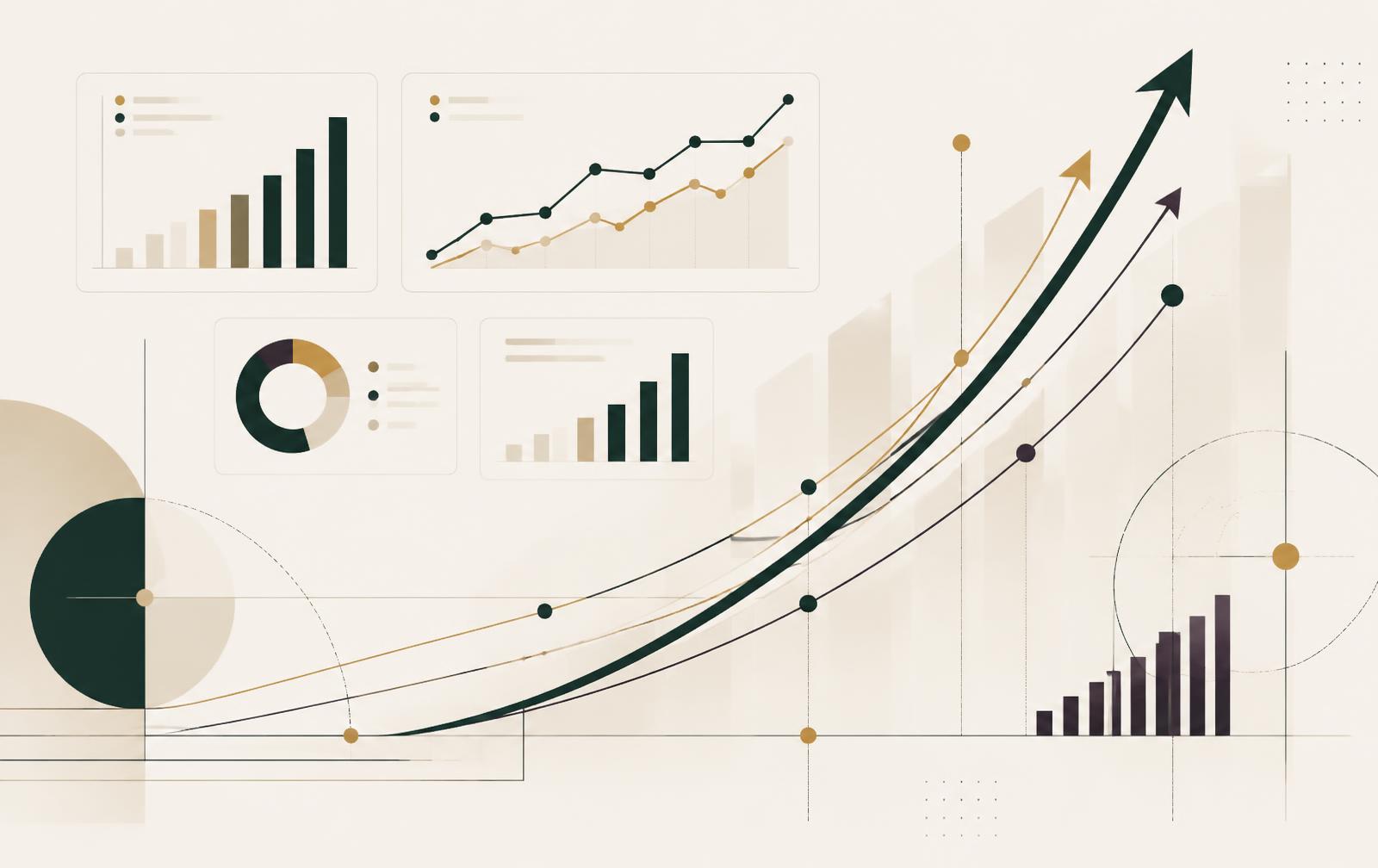 Tableaux de bord et courbes ascendantes illustrant le développement et la croissance des projets